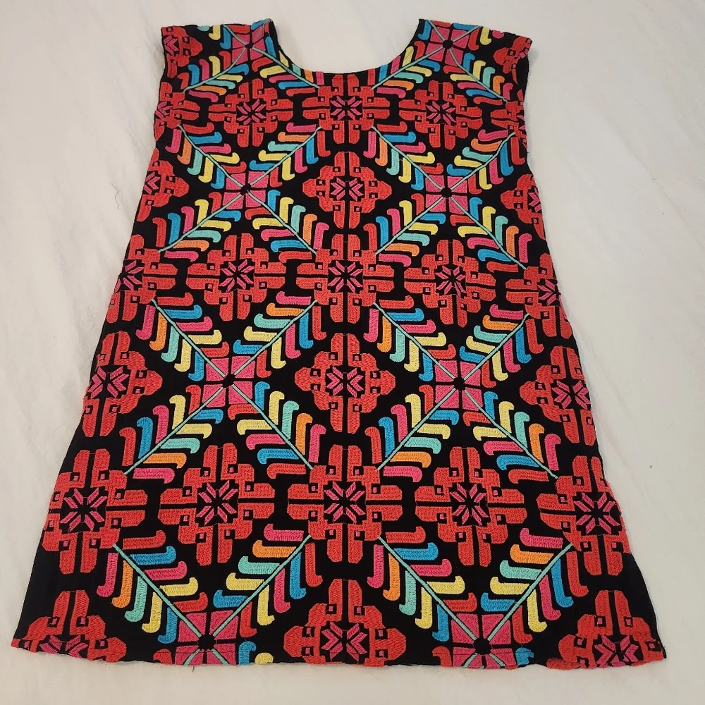 J.Marie Embroidered Shift Dress Vacation Resortwear Bright Mexico Geometric Sz S - Picture 12 of 12